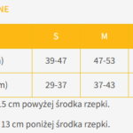 Tabela z parametrami technicznymi rozmiarów odzieży: obwód uda i łydki w centymetrach dla rozmiarów S, M, L, XL.