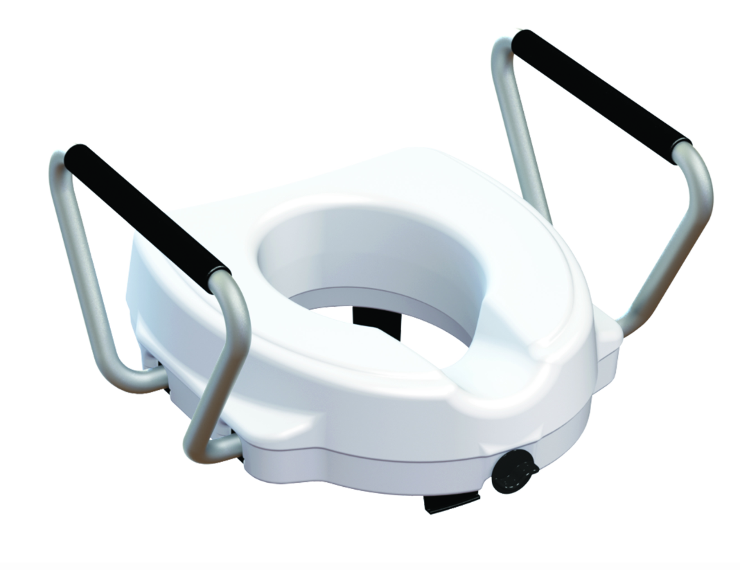 Toaletka przenośna z metalowymi uchwytami i czarnymi nakładkami, przeznaczona do użytku w trudnych warunkach.