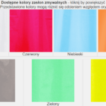 Przedstawione sześć kolorów zasłon zmywalnych: biały, czerwony, niebieski, pomarańczowy, szary, zielony i żółty.