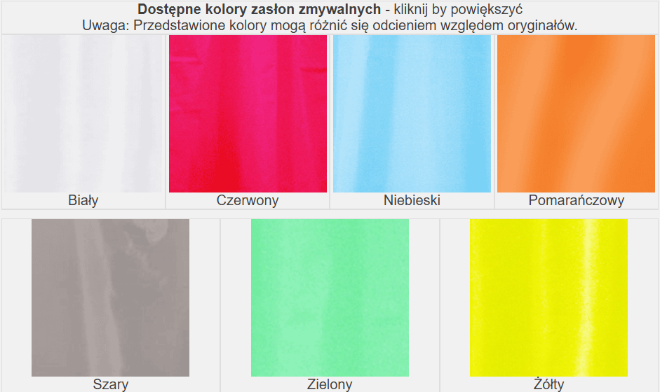 Przedstawione sześć kolorów zasłon zmywalnych: biały, czerwony, niebieski, pomarańczowy, szary, zielony i żółty.