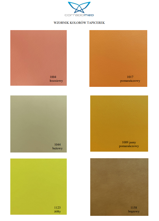 Próbki tapicerek w odcieniach różu, pomarańczu, beżu, żółci i brązu z numerami i nazwami kolorów.