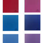 Próbki sześciu kolorów farb: czerwony, wrzosowy, niebieski, granatowy, błękitny i fioletowy, z kodami i nazwami.