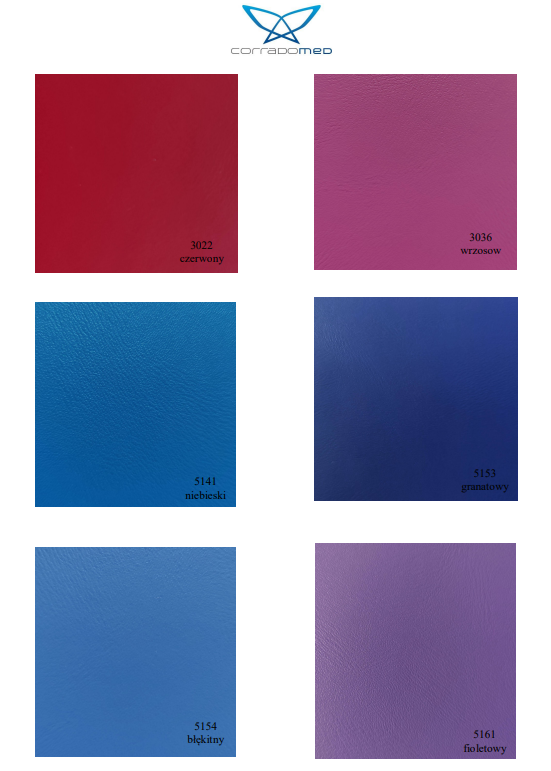 Próbki sześciu kolorów farb: czerwony, wrzosowy, niebieski, granatowy, błękitny i fioletowy, z kodami i nazwami.