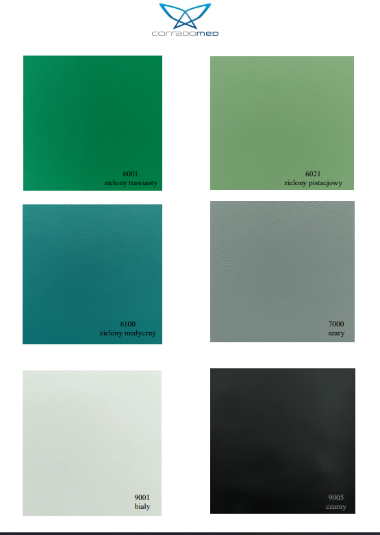Próbki sześciu odcieni zieleni, szarości i czerni z opisami i kodami kolorów.
