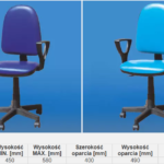 Dwie biurowe krzesła, jedno fioletowe, drugie niebieskie, na kółkach, z regulacją wysokości i podłokietnikami, ustawion