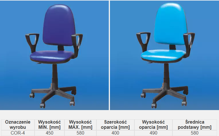 Dwie biurowe krzesła, jedno fioletowe, drugie niebieskie, na kółkach, z regulacją wysokości i podłokietnikami, ustawion