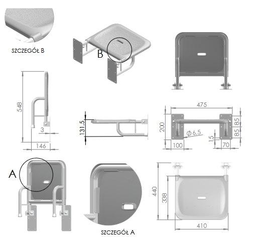 Specjalistyczny podest z poręczami, wymiary 146x548 mm, z miejscem na siedzenie i otworem na odprowadzanie wody.