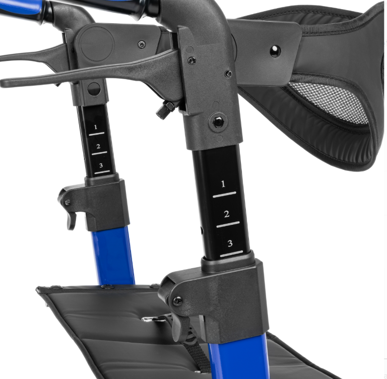 Regulacja wysokości siedziska i kierownicy w rowerze trójkołowym z czarnym siodełkiem i niebieskimi ramami.