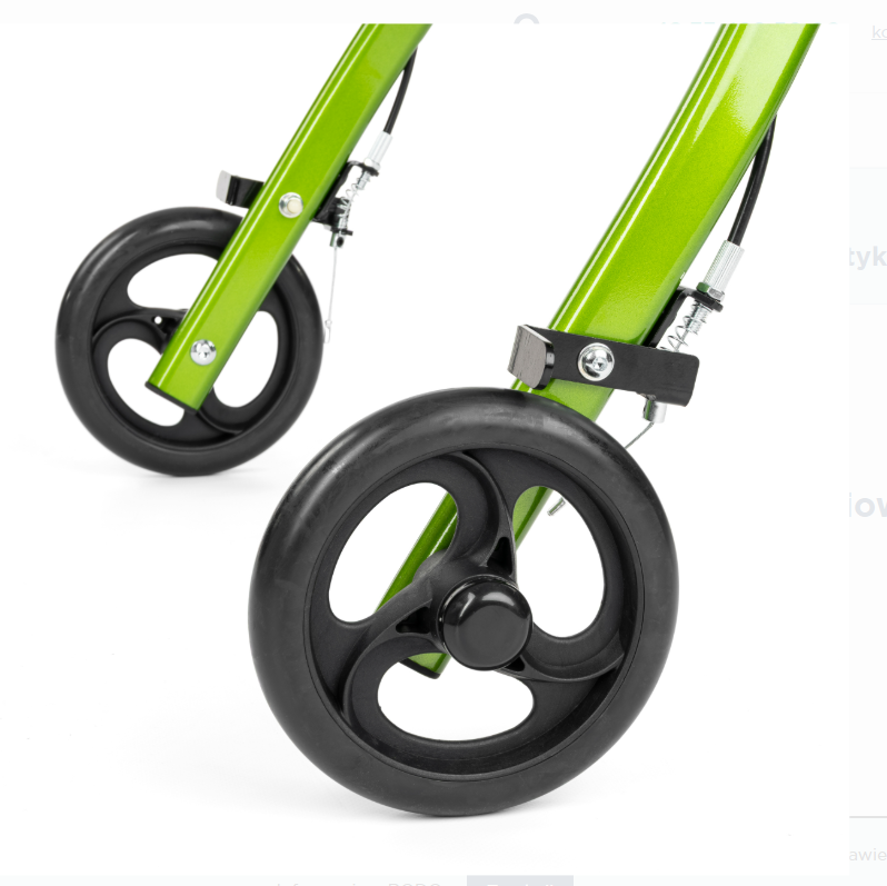 Kółka i rama wózka inwalidzkiego w kolorze zielonym i czarnym.