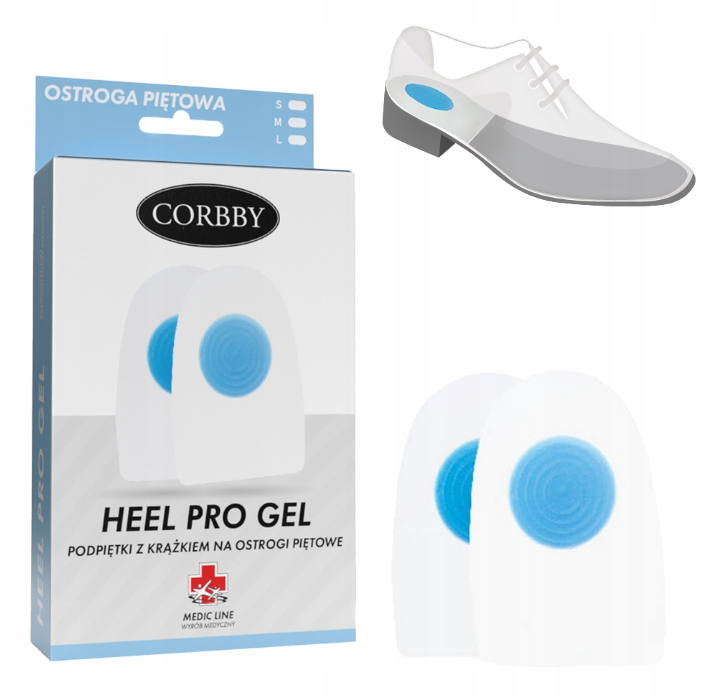 Zestaw podpiętek z krążkiem na ostrogi piętowe, w opakowaniu marki Corbby, obok białe buty na obcasie.