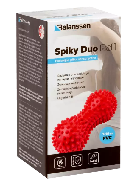 Elastyczna piłka sensoryczna o długości 7-16 cm, w czerwonym kolorze, z wypustkami, w opakowaniu z opisem właściwości.