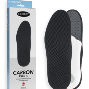 Wkładki do butów z czarnej siateczki, w opakowaniu marki Corbby, przeznaczone do odciążania stóp.