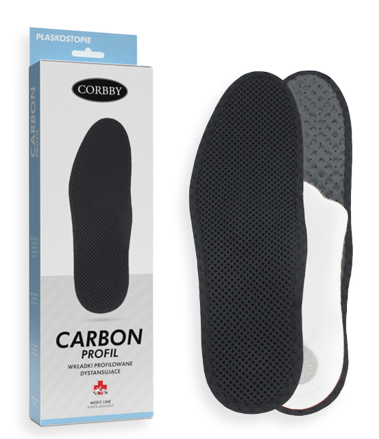 Wkładki do butów z czarnej siateczki, w opakowaniu marki Corbby, przeznaczone do odciążania stóp.