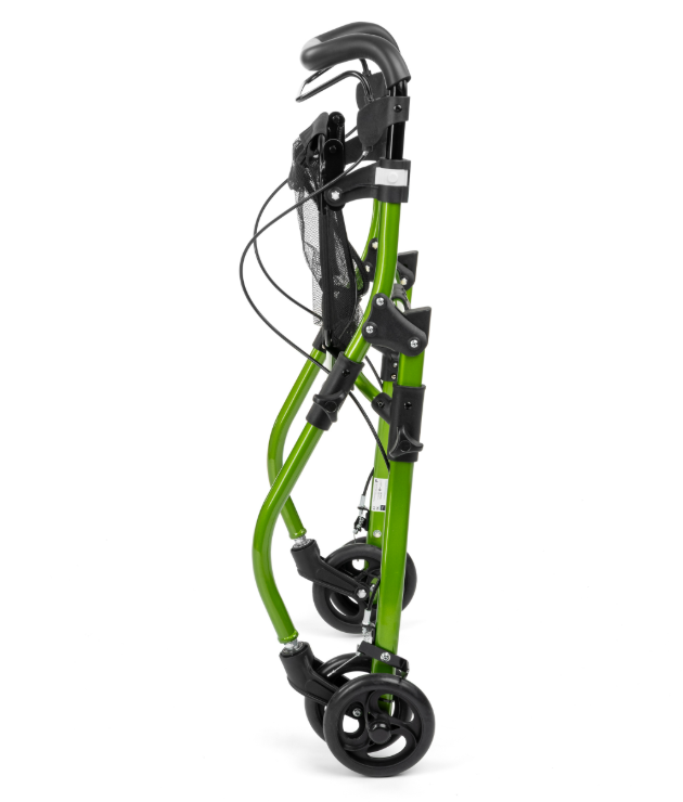 Lekki składany chodzik inwalidzki z zieloną ramą, czarnymi uchwytami i kółkami do poruszania się.