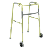 Lekki chodzik z czterema kółkami, regulowanymi wysokościami i miękkimi uchwytami, przeznaczony do wsparcia podczas chodze