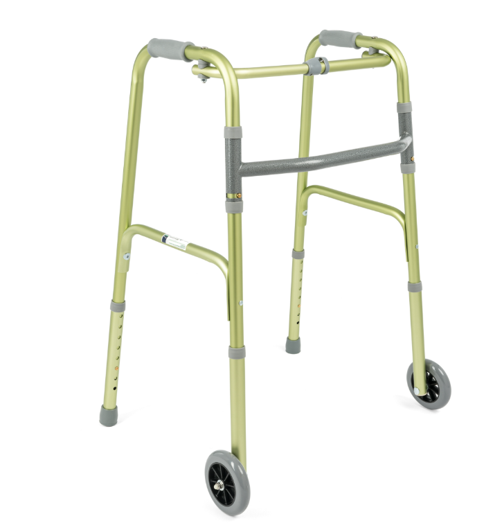 Lekki chodzik z czterema kółkami, regulowanymi wysokościami i miękkimi uchwytami, przeznaczony do wsparcia podczas chodze