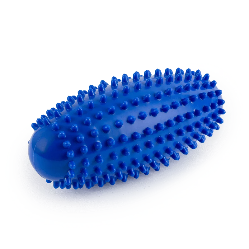 Niebieska masażerka z wypustkami na białej podstawie, przeznaczona do masażu ciała.