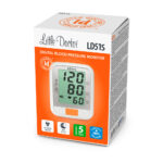 Elektroniczny monitor ciśnienia krwi z wyświetlaczem pokazującym 120/80 mmHg i puls 60, na białej obudowie z pomarańczow