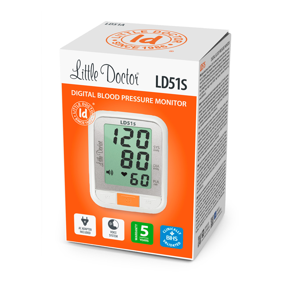 Elektroniczny monitor ciśnienia krwi z wyświetlaczem pokazującym 120/80 mmHg i puls 60, na białej obudowie z pomarańczow