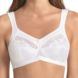 Biały biustonosz z koronkowymi wstawkami i zapięciem na haftkę, bez ramiączek, na modelce.