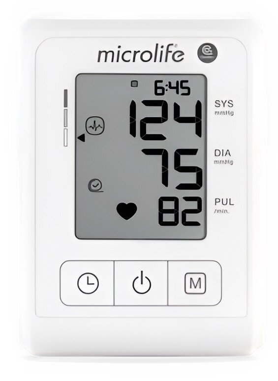 Monitor ciśnienia krwi z wyświetlaczem pokazującym czas, ciśnienie, tętno i symbol serca, z trzema przyciskami pod ekran