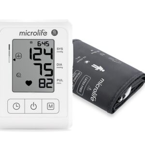 Automatyczny ciśnieniomierz z wyświetlaczem pokazującym ciśnienie, tętno i godzinę, oraz mankiet do pomiaru ciśnienia.