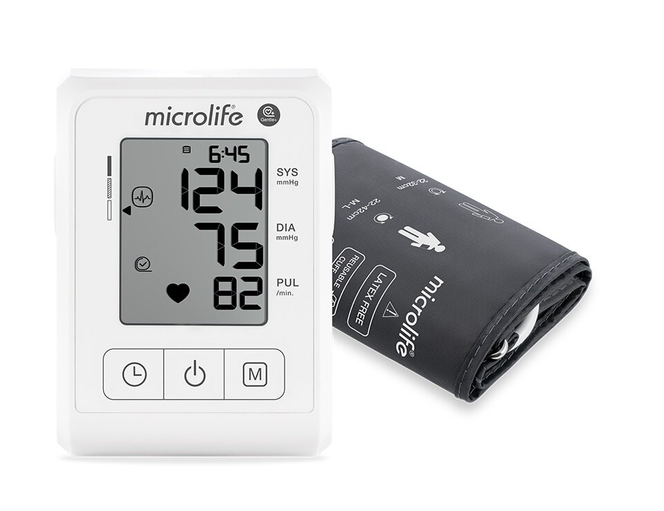 Automatyczny ciśnieniomierz z wyświetlaczem pokazującym ciśnienie, tętno i godzinę, oraz mankiet do pomiaru ciśnienia.