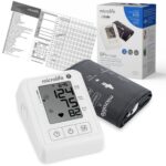 Automatyczny ciśnieniomierz z wyświetlaczem pokazującym ciśnienie i tętno, opakowanie z informacjami i mankiet do pomiar