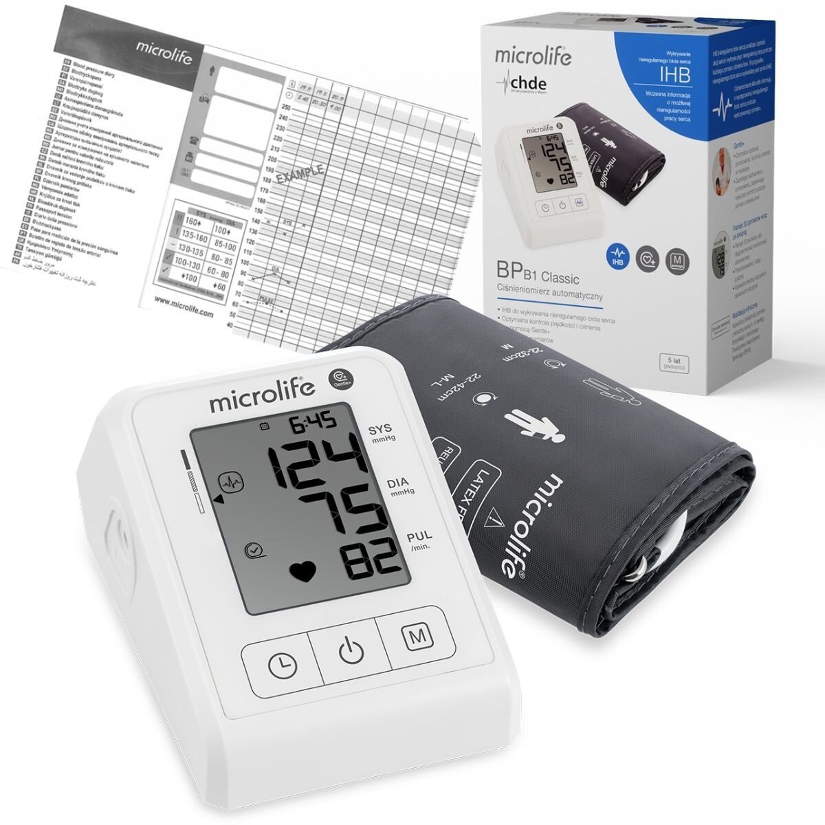 Automatyczny ciśnieniomierz z wyświetlaczem pokazującym ciśnienie i tętno, opakowanie z informacjami i mankiet do pomiar