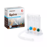 Zestaw do ćwiczeń oddechowych Spirometr z trzema kolorowymi kulkami i rurką, opakowanie z instrukcją.