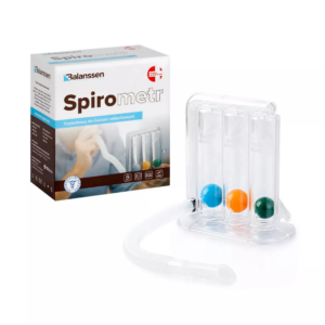 Zestaw do ćwiczeń oddechowych Spirometr z trzema kolorowymi kulkami i rurką, opakowanie z instrukcją.