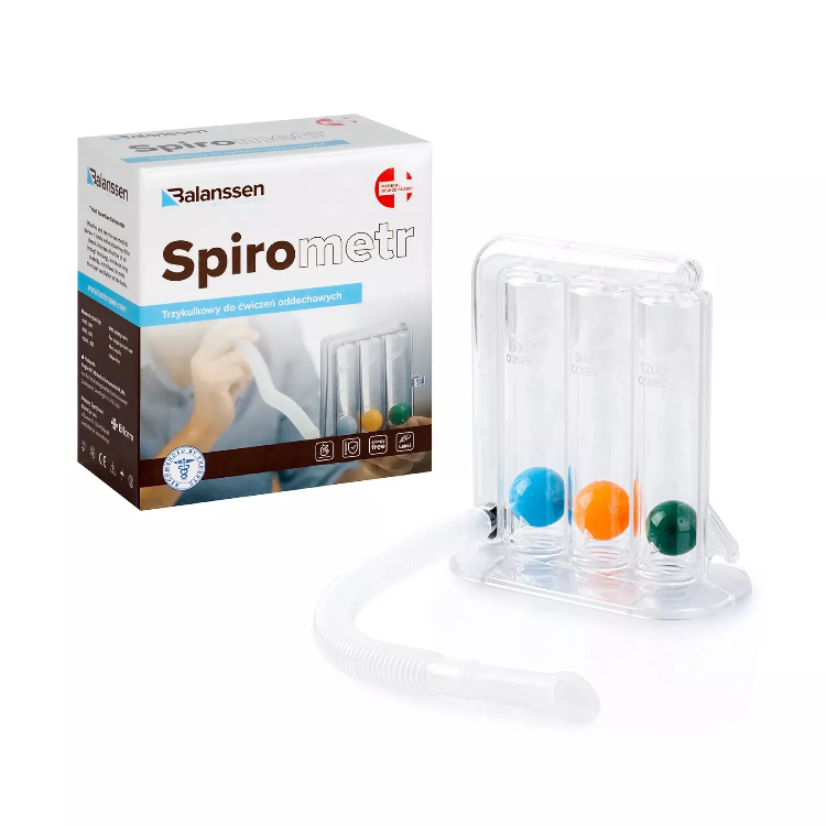 Zestaw do ćwiczeń oddechowych Spirometr z trzema kolorowymi kulkami i rurką, opakowanie z instrukcją.