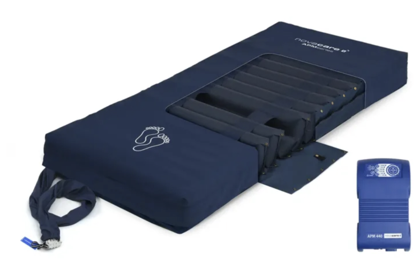 Poduszka do podnoszenia pacjentów z wkładką do przesuwania, w niebieskim pokrowcu z logo stopy.