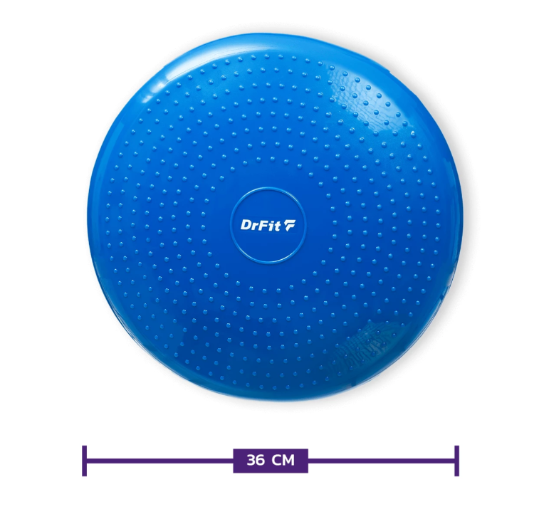 Podkładka antypoślizgowa o średnicy 36 cm, niebieska z wypukłymi punktami i logo DrFit w centrum.