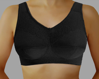 Czarny sportowy biustonosz bez ramiączek na kobiecej sylwetce.