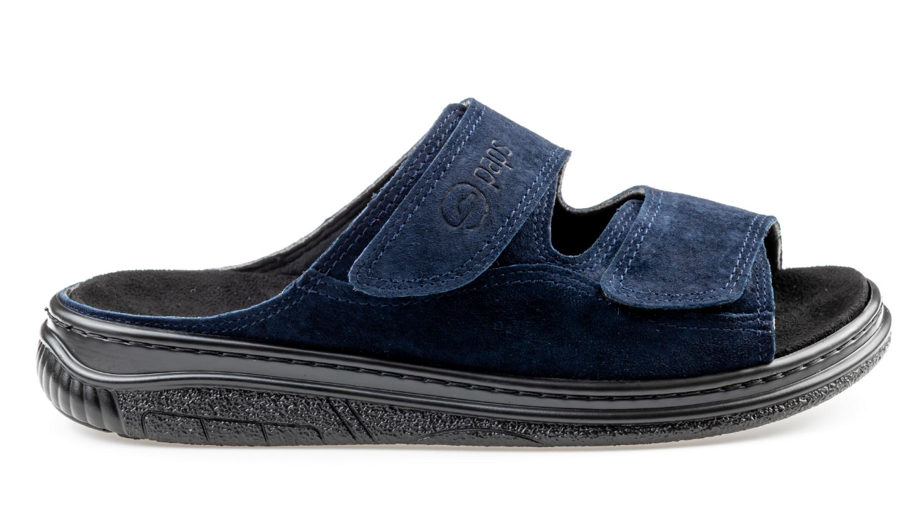 Niebieskie kapcie z dwoma rzepami, miękką podeszwą i otwartym palcem, przeznaczone do użytku domowego.