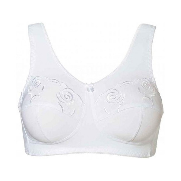 Biały biustonosz z delikatnym haftem w kwiatowe wzory i małą kokardką na środku.