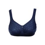 Niebieski biustonosz z ozdobnym wzorem i zapięciem na haftki na środku.