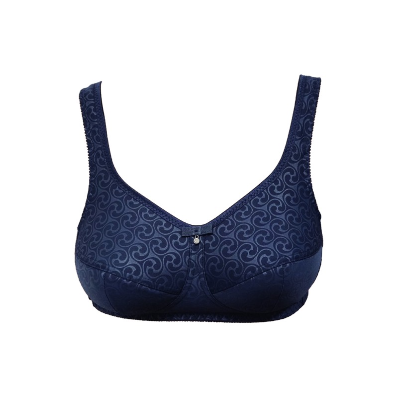 Niebieski biustonosz z ozdobnym wzorem i zapięciem na haftki na środku.