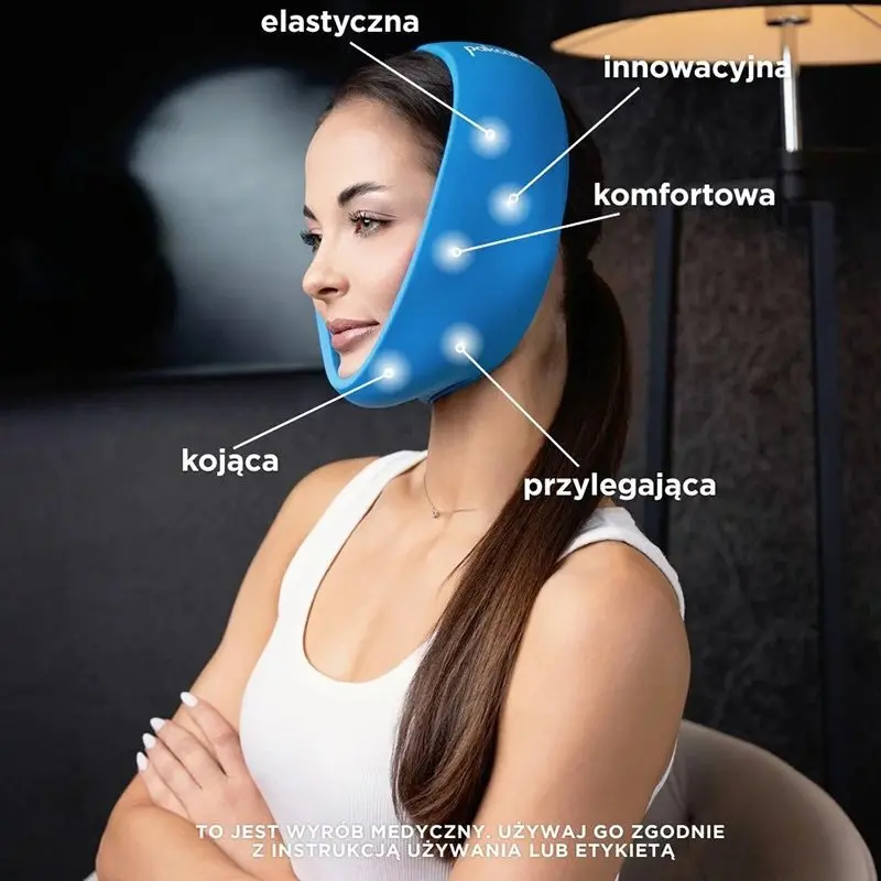 Masażer do twarzy na głowie, elastyczny, innowacyjny, komfortowy, przylegający i kojący, używany zgodnie z instrukcją.