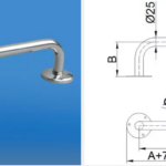 Uchwyt stalowy z dwoma mocowaniami, prosty, o łukowym kształcie, z wymiarami technicznymi i rysunkiem technicznym.