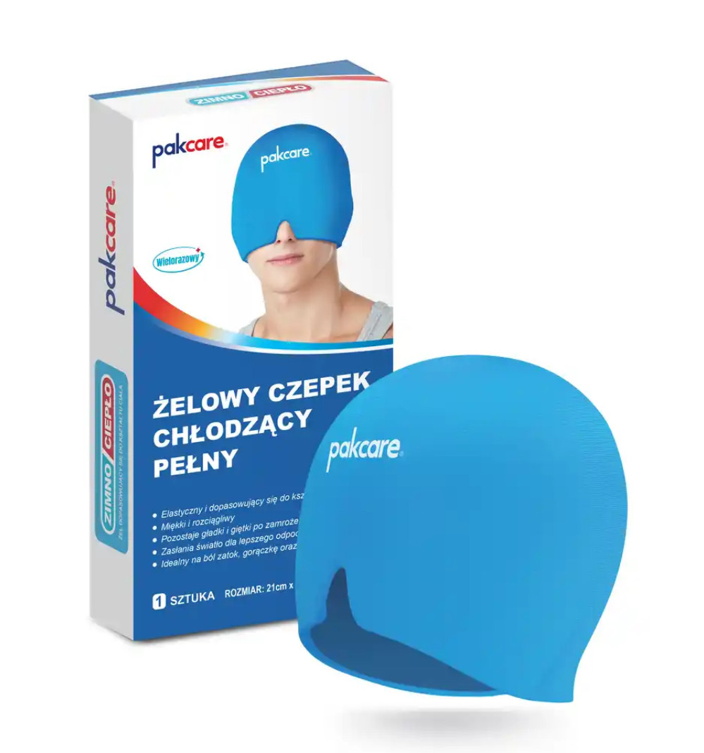 Żelowy czepek chłodzący w kolorze niebieskim, obok opakowania z opisem i zdjęciem osoby noszącej czepek na głowie.