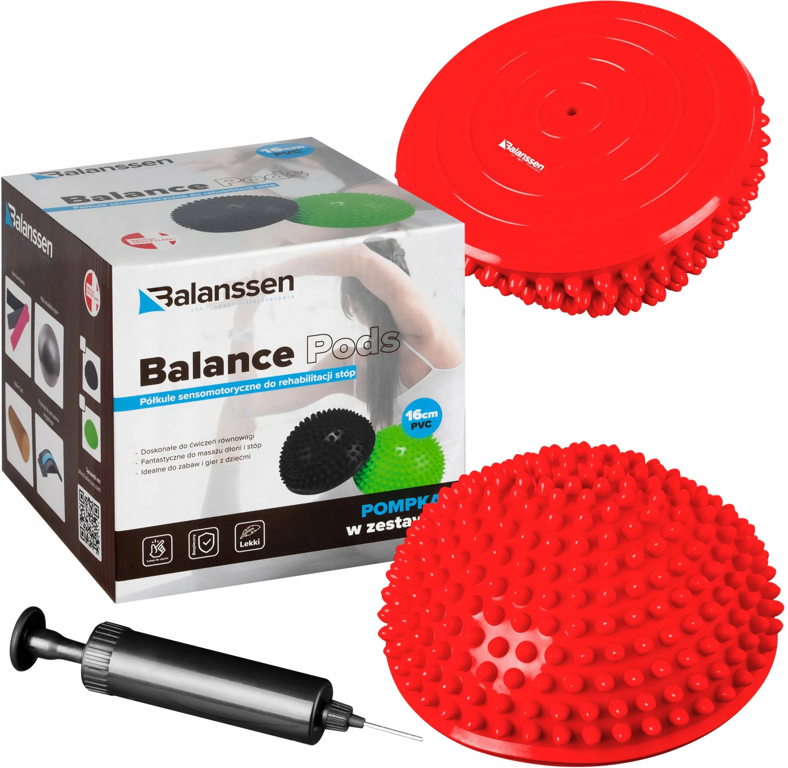 Zestaw do rehabilitacji stóp z dwoma piłkami sensorycznymi i pistoletem do masażu, opakowanie z opisem produktu.