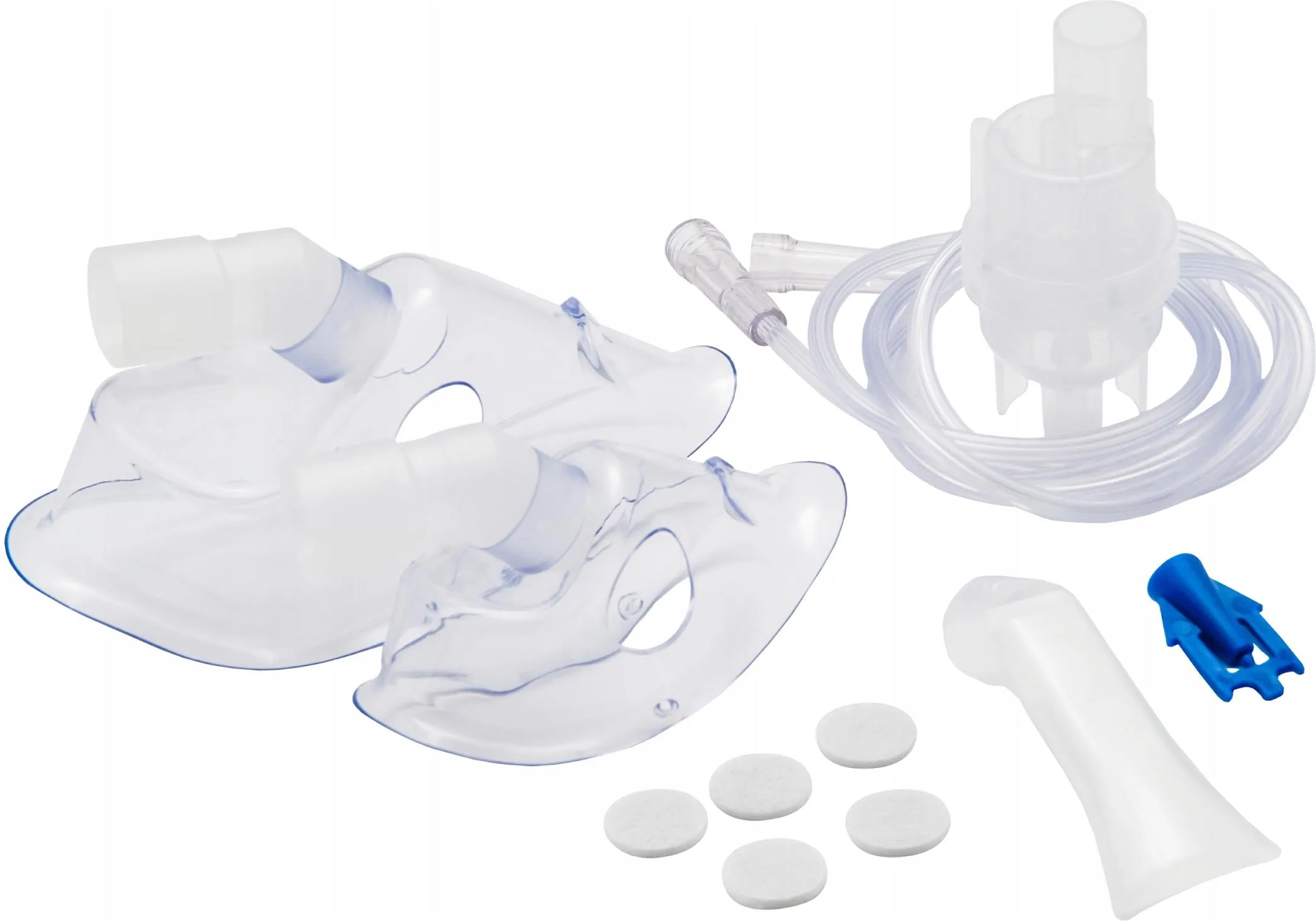 Zestaw do nebulizacji z maską, rurką, filtrami i akcesoriami do inhalacji.