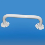 Biała poręcz na niebieskim tle, służąca do wsparcia i stabilizacji.