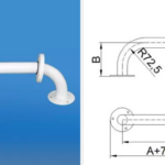 Uchwyt stalowy z dwoma mocowaniami, o wymiarach i promieniu 72,5 mm, przeznaczony do montażu na ścianie.