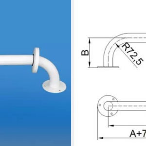 Uchwyt stalowy z dwoma mocowaniami, o wymiarach i promieniu 72,5 mm, przeznaczony do montażu na ścianie.