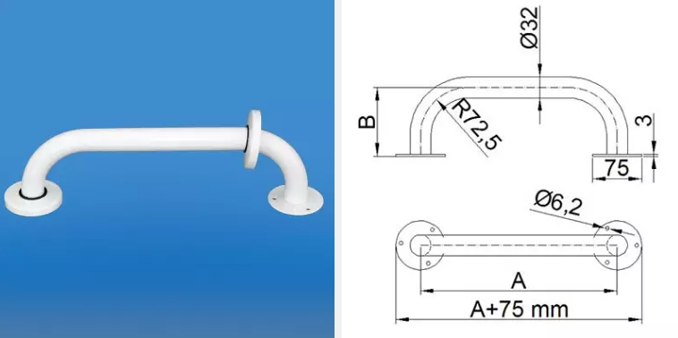 Uchwyt stalowy z dwoma mocowaniami, o wymiarach i promieniu 72,5 mm, przeznaczony do montażu na ścianie.