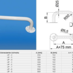 Uchwyt stalowy z dwoma mocowaniami, rura o średnicy 25 mm, z wymiarami i tabelą rozmiarów A i B.