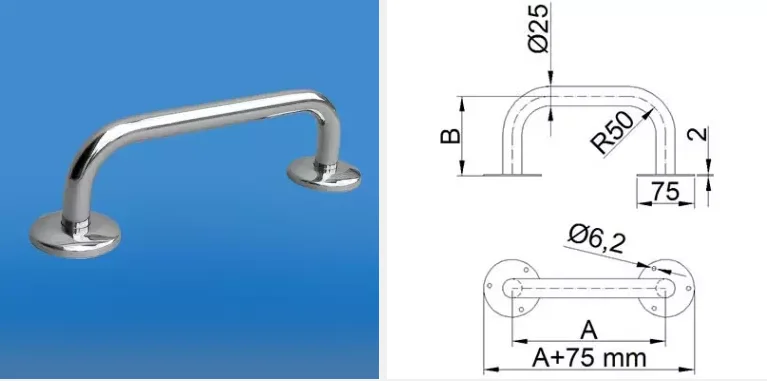 Uchwyt stalowy z dwoma mocowaniami, prosty, z zaokrąglonymi krawędziami, o długości 75 mm i promieniu R50.